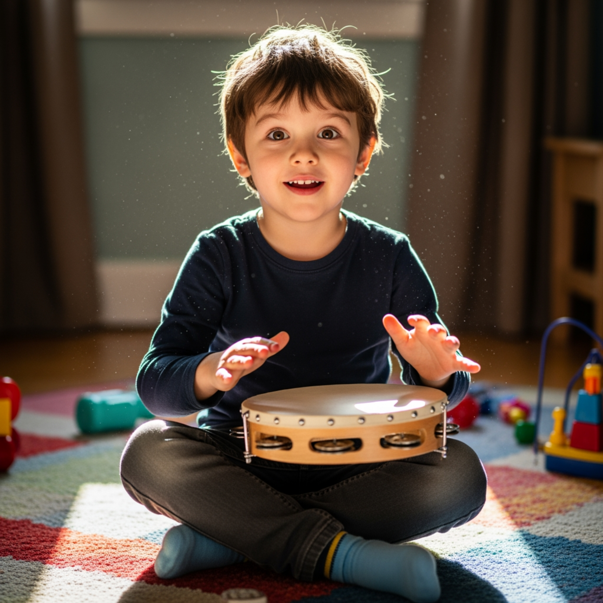 Niño jugando con pandereta en una actividad musical